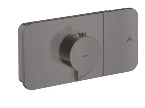 Thermostatmodul von AXOR in gebürstetem Schwarzchrom, montiert auf einer rechteckigen Wandplatte, mit einem runden Bedienelement in der Mitte und Symbolen für die Wasserzufuhr.